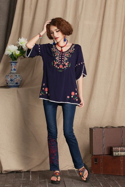 jinran 2022 Vintage 70s Mexican Floral Embroidery Boho Women Hippie Blouse Women Tunic Soft Cotton Summer Shirts Tops Blusa Mujer