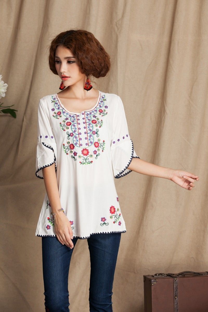 jinran 2022 Vintage 70s Mexican Floral Embroidery Boho Women Hippie Blouse Women Tunic Soft Cotton Summer Shirts Tops Blusa Mujer