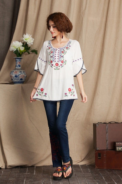 jinran 2022 Vintage 70s Mexican Floral Embroidery Boho Women Hippie Blouse Women Tunic Soft Cotton Summer Shirts Tops Blusa Mujer