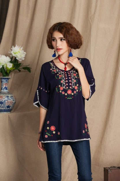 jinran 2022 Vintage 70s Mexican Floral Embroidery Boho Women Hippie Blouse Women Tunic Soft Cotton Summer Shirts Tops Blusa Mujer