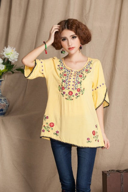 jinran 2022 Vintage 70s Mexican Floral Embroidery Boho Women Hippie Blouse Women Tunic Soft Cotton Summer Shirts Tops Blusa Mujer