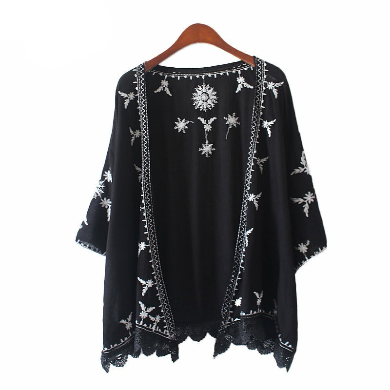 jinran 2022 Summer Beach Kimono Cardigan Lace Embroidery Beach Sunscreen Shirt Loose Cardigan Cotton Blouse Femme
