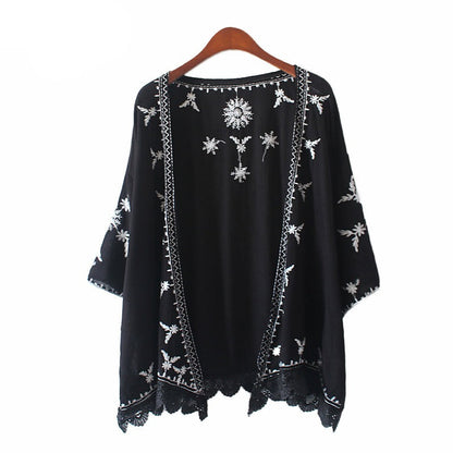 jinran 2022 Summer Beach Kimono Cardigan Lace Embroidery Beach Sunscreen Shirt Loose Cardigan Cotton Blouse Femme