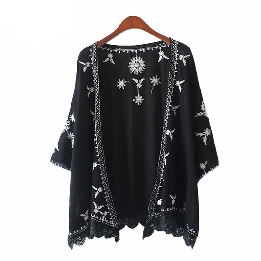 jinran 2022 Summer Beach Kimono Cardigan Lace Embroidery Beach Sunscreen Shirt Loose Cardigan Cotton Blouse Femme