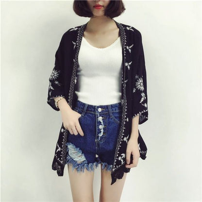 jinran 2022 Summer Beach Kimono Cardigan Lace Embroidery Beach Sunscreen Shirt Loose Cardigan Cotton Blouse Femme