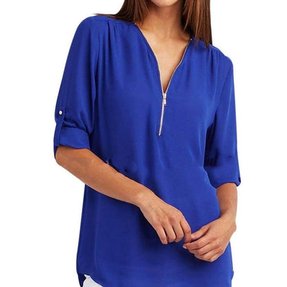 jinran Summer Women Chiffon Blouses Elegant V Neck Roll Up Long Sleeve Zipper Tunic Tops Casual Loose Blue Shirts Female 5XL Plus Size