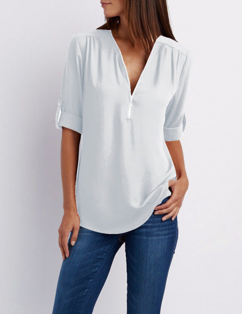 jinran Summer Women Chiffon Blouses Elegant V Neck Roll Up Long Sleeve Zipper Tunic Tops Casual Loose Blue Shirts Female 5XL Plus Size