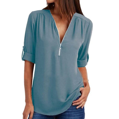 jinran Summer Women Chiffon Blouses Elegant V Neck Roll Up Long Sleeve Zipper Tunic Tops Casual Loose Blue Shirts Female 5XL Plus Size