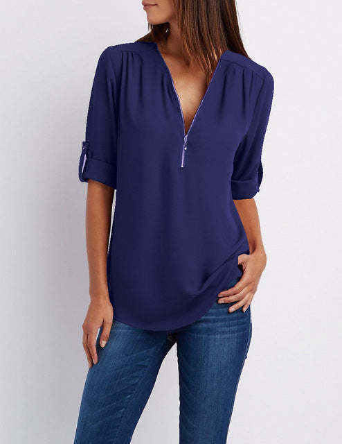 jinran Summer Women Chiffon Blouses Elegant V Neck Roll Up Long Sleeve Zipper Tunic Tops Casual Loose Blue Shirts Female 5XL Plus Size