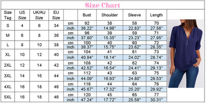 jinran Summer Women Chiffon Blouses Elegant V Neck Roll Up Long Sleeve Zipper Tunic Tops Casual Loose Blue Shirts Female 5XL Plus Size