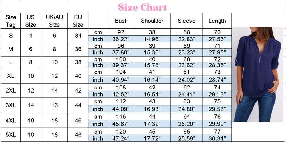 jinran Summer Women Chiffon Blouses Elegant V Neck Roll Up Long Sleeve Zipper Tunic Tops Casual Loose Blue Shirts Female 5XL Plus Size