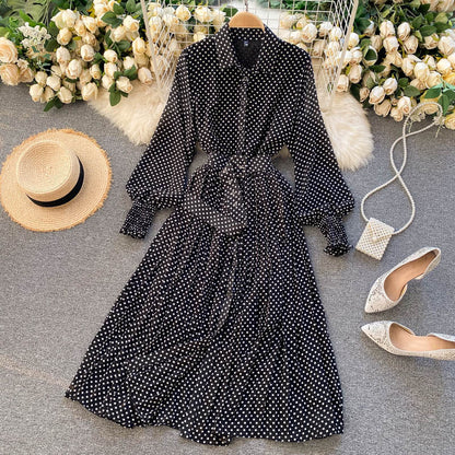 jinran Spring And Summer French Vintage Maxi Dress 2021 Sundress Ladies Long Sleeve Orange Polka Dot Chiffon Pleated Dresses Femme Robe