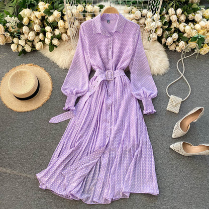 jinran Spring And Summer French Vintage Maxi Dress 2021 Sundress Ladies Long Sleeve Orange Polka Dot Chiffon Pleated Dresses Femme Robe