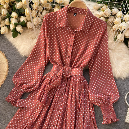 jinran Spring And Summer French Vintage Maxi Dress 2021 Sundress Ladies Long Sleeve Orange Polka Dot Chiffon Pleated Dresses Femme Robe