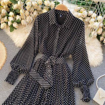 jinran Spring And Summer French Vintage Maxi Dress 2021 Sundress Ladies Long Sleeve Orange Polka Dot Chiffon Pleated Dresses Femme Robe