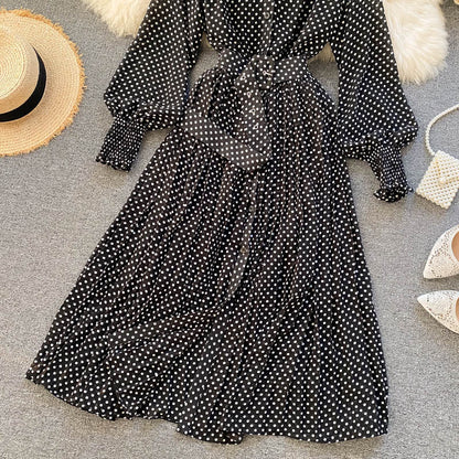 jinran Spring And Summer French Vintage Maxi Dress 2021 Sundress Ladies Long Sleeve Orange Polka Dot Chiffon Pleated Dresses Femme Robe