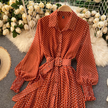 jinran Spring And Summer French Vintage Maxi Dress 2021 Sundress Ladies Long Sleeve Orange Polka Dot Chiffon Pleated Dresses Femme Robe