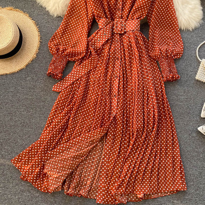 jinran Spring And Summer French Vintage Maxi Dress 2021 Sundress Ladies Long Sleeve Orange Polka Dot Chiffon Pleated Dresses Femme Robe