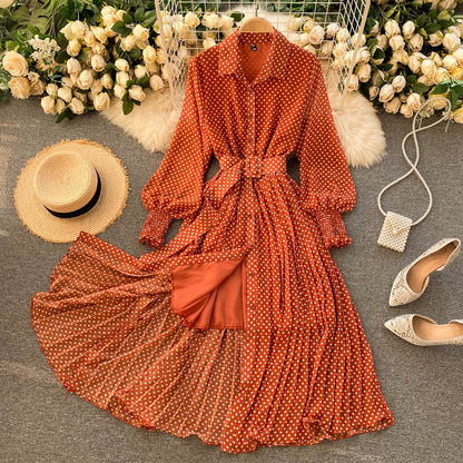 jinran Spring And Summer French Vintage Maxi Dress 2021 Sundress Ladies Long Sleeve Orange Polka Dot Chiffon Pleated Dresses Femme Robe