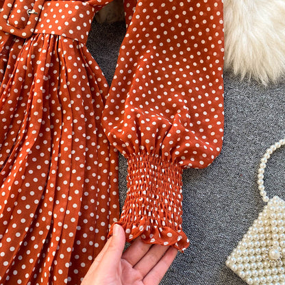 jinran Spring And Summer French Vintage Maxi Dress 2021 Sundress Ladies Long Sleeve Orange Polka Dot Chiffon Pleated Dresses Femme Robe
