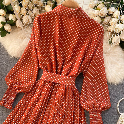jinran Spring And Summer French Vintage Maxi Dress 2021 Sundress Ladies Long Sleeve Orange Polka Dot Chiffon Pleated Dresses Femme Robe