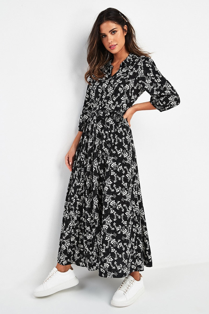 jinran Vintage Floral Print Maxi Dress Women Boho Three Quarter Sleeve Long Dress Turn Down Collar Casual Shirt Dresses Robe