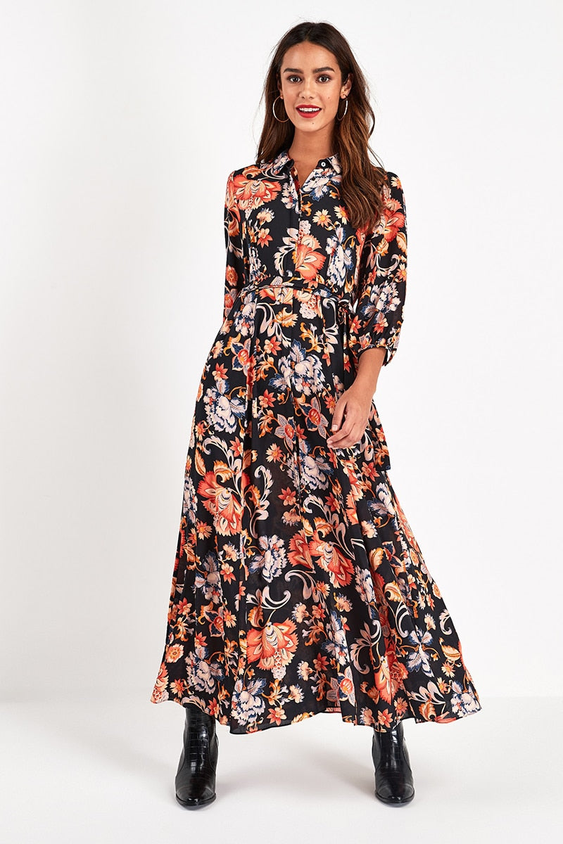 jinran Vintage Floral Print Maxi Dress Women Boho Three Quarter Sleeve Long Dress Turn Down Collar Casual Shirt Dresses Robe