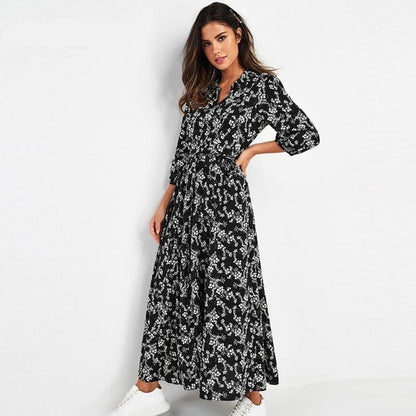 jinran Vintage Floral Print Maxi Dress Women Boho Three Quarter Sleeve Long Dress Turn Down Collar Casual Shirt Dresses Robe