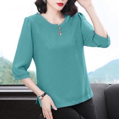 jinran Solid half sleeve Beading Chiffon shirt Women Fashion elegant O-neck plus size 4XL loose tee ladies 2021 new green summer tops