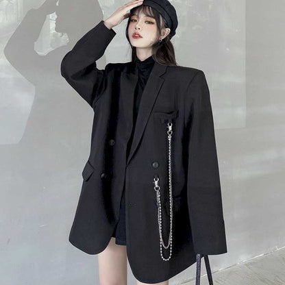 jinran New Suit Jacket Women&#39;s Trendy Dark Black Retro Loose And Thin Fried Street Suit Jacket Women 2022 Spring And Autumn Loose A