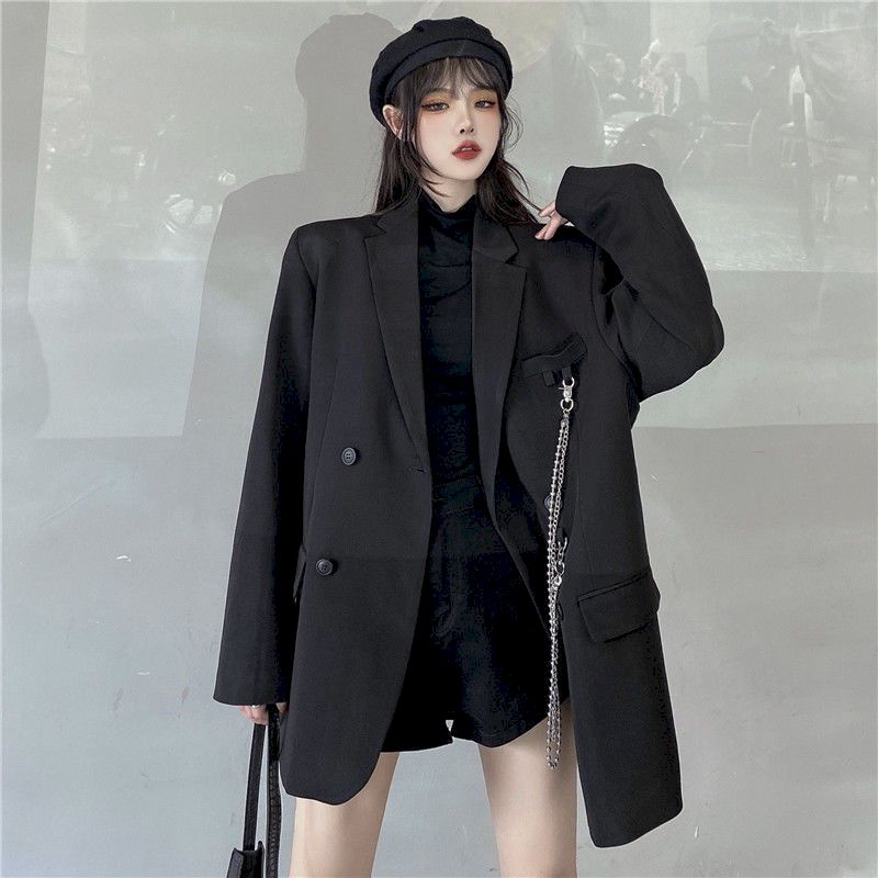 jinran New Suit Jacket Women&#39;s Trendy Dark Black Retro Loose And Thin Fried Street Suit Jacket Women 2022 Spring And Autumn Loose A