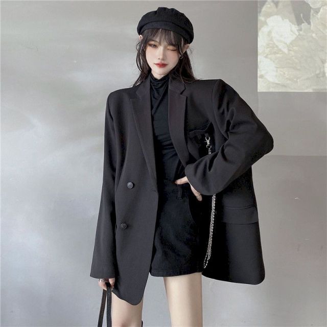 jinran New Suit Jacket Women&#39;s Trendy Dark Black Retro Loose And Thin Fried Street Suit Jacket Women 2022 Spring And Autumn Loose A