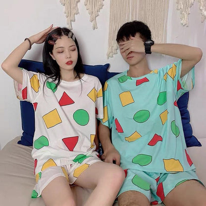 jinran Man Pajama Sinchan Cotton Summer Short Sets Japanese Pajamas for Couples Man and Woman Sleepwear