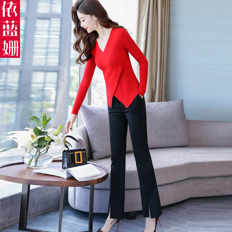 jinran Temperament suit women&#39;s 2018 new autumn knit long sleeve slimming jacket wide leg pants fashion goddess two-piece set