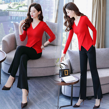 jinran Temperament suit women&#39;s 2018 new autumn knit long sleeve slimming jacket wide leg pants fashion goddess two-piece set