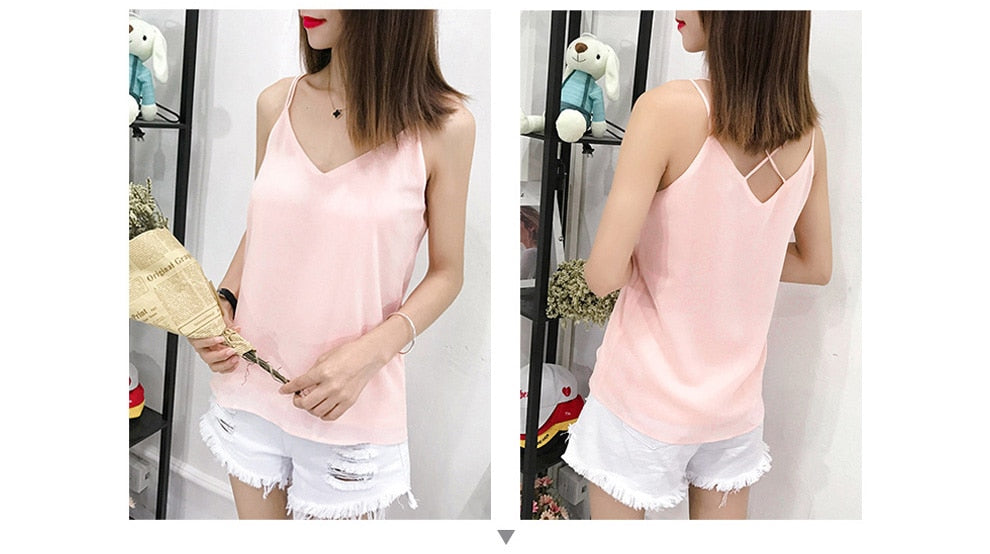 jinran Summer Korean Fashion Chiffon Women Camis Streetwear Sleeveless Black Female Tank Tops Slim Pink Shirt Spaghetti Strap Tank Top