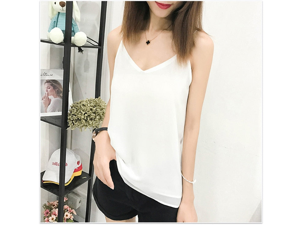 jinran Summer Korean Fashion Chiffon Women Camis Streetwear Sleeveless Black Female Tank Tops Slim Pink Shirt Spaghetti Strap Tank Top