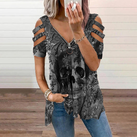 jinran Women&#39;s Western Style Printed V-neck Zipper Strapless Short-sleeved T-shirt Oversized Clothing Shirt Summer New Top T-shirt