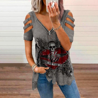 jinran Women&#39;s Western Style Printed V-neck Zipper Strapless Short-sleeved T-shirt Oversized Clothing Shirt Summer New Top T-shirt