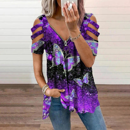 jinran Women&#39;s Western Style Printed V-neck Zipper Strapless Short-sleeved T-shirt Oversized Clothing Shirt Summer New Top T-shirt