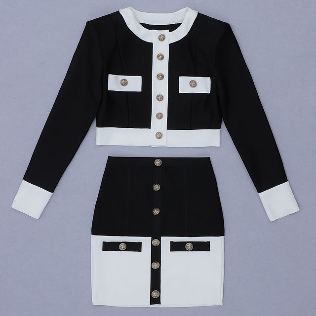 jinran 2022 New Aummer 2 Piece Suit Patchwork Black White O-Neck Long Sleeve Pocket Button Button Mini Hip Skirt Female Set