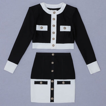 jinran 2022 New Aummer 2 Piece Suit Patchwork Black White O-Neck Long Sleeve Pocket Button Button Mini Hip Skirt Female Set