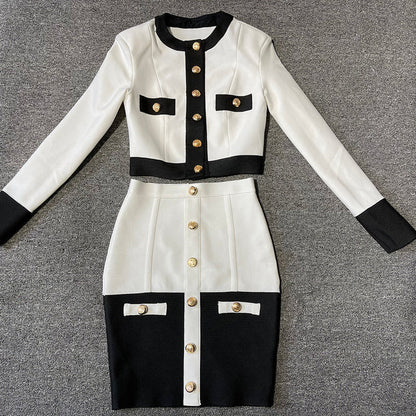 jinran 2022 New Aummer 2 Piece Suit Patchwork Black White O-Neck Long Sleeve Pocket Button Button Mini Hip Skirt Female Set