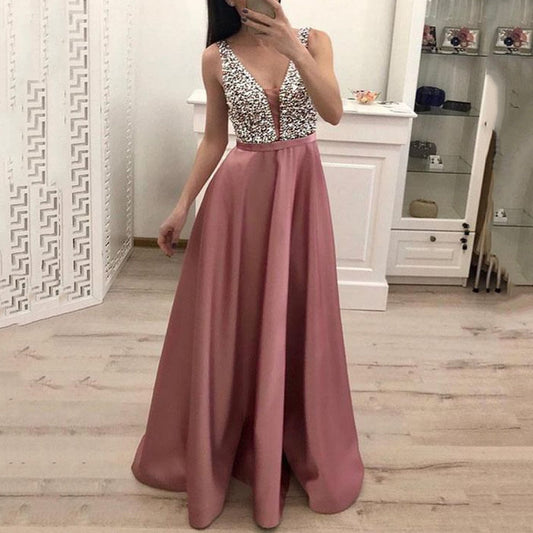 jinran Women&#39;s Sequined Long splice Wedding Party Dress Sleeveless V-neck Blue A-line Elegant Chiffon Dresses Bridesmaid Dinner Dress