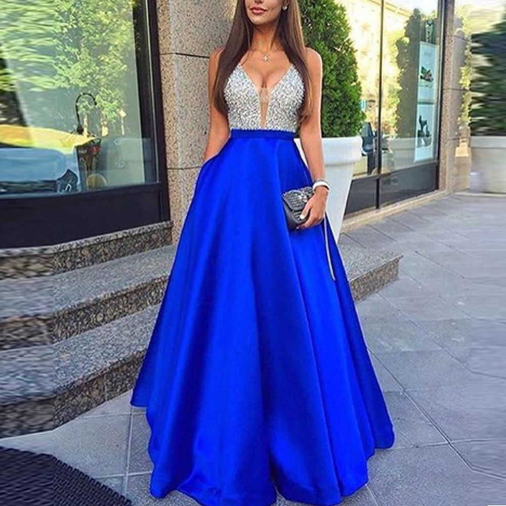 jinran Women&#39;s Sequined Long splice Wedding Party Dress Sleeveless V-neck Blue A-line Elegant Chiffon Dresses Bridesmaid Dinner Dress