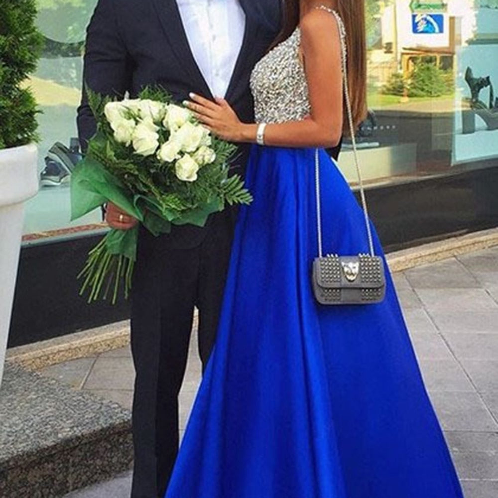 jinran Women&#39;s Sequined Long splice Wedding Party Dress Sleeveless V-neck Blue A-line Elegant Chiffon Dresses Bridesmaid Dinner Dress