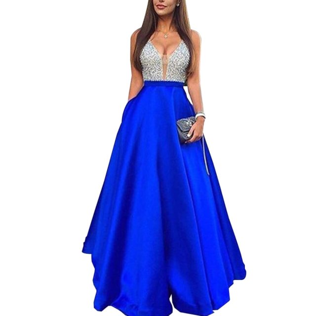 jinran Women&#39;s Sequined Long splice Wedding Party Dress Sleeveless V-neck Blue A-line Elegant Chiffon Dresses Bridesmaid Dinner Dress