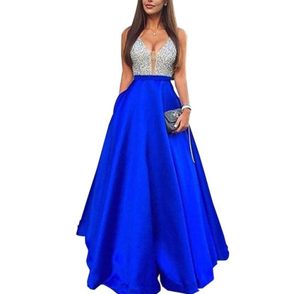 jinran Women&#39;s Sequined Long splice Wedding Party Dress Sleeveless V-neck Blue A-line Elegant Chiffon Dresses Bridesmaid Dinner Dress