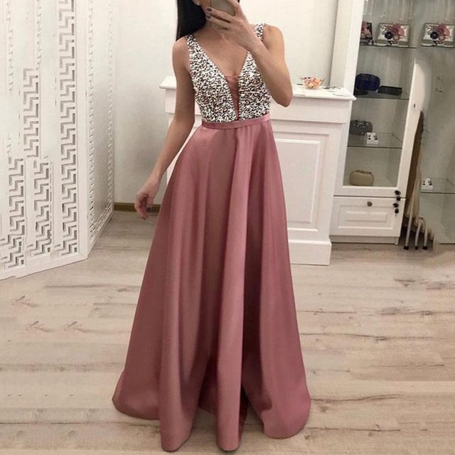 jinran Women&#39;s Sequined Long splice Wedding Party Dress Sleeveless V-neck Blue A-line Elegant Chiffon Dresses Bridesmaid Dinner Dress
