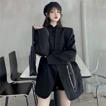 jinran New Suit Jacket Women&#39;s Trendy Dark Black Retro Loose And Thin Fried Street Suit Jacket Women 2022 Spring And Autumn Loose A